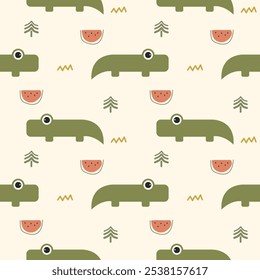 Crocodile cartoon so cute. On watermelon tree background. Pattern seamless vector illustration. 
