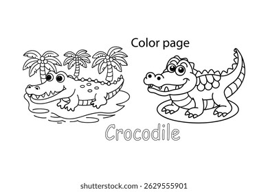 Crocodilo Desenho Animado, Crianças Colorindo Contorno da Página.