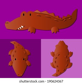 Crocodile cartoon pattern with side view, front view & back view. vector / illustration