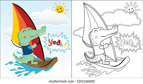 Crocodile cartoon playing windsurf at summer holiday, coloring book or page