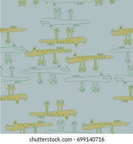 Crocodile cartoon seamless   pattern. Hand drawn.