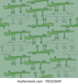 Crocodile cartoon seamless   pattern. Hand drawn.