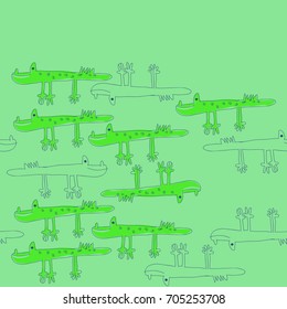 Crocodile cartoon seamless   pattern. Hand drawn.