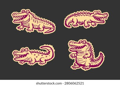 Crocodile cartoon set featuring funny reptiles in various poses with cute expressions rendered in a flat hand drawn graphic style on a dark background