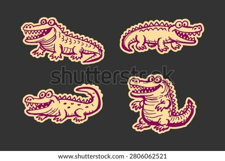 Crocodile cartoon set featuring funny reptiles in various poses with cute expressions rendered in a flat hand drawn graphic style on a dark background