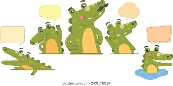 crocodile cartoon with speech bubble, Good,cute,sassy,cool,friendly crocodiles,vector isolated, crocodile cartoon set with speech bubble.