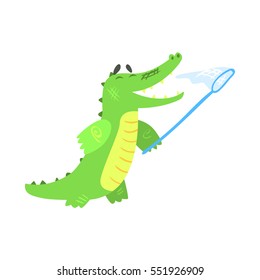Crocodile Catching Butterflies With Net, Humanized Green Reptile Animal Character Every Day Activity