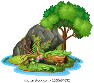 Cocodrilo en la caverna ilustración aislada