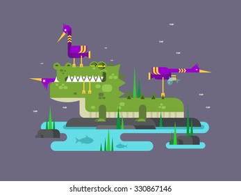 Crocodile character. Animal cartoon, alligator reptile predator wild, flat vector illustration