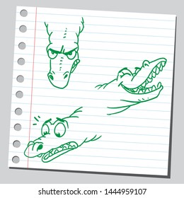Crocodile character design (different head poses and expressions).