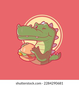 A crocodile character eating a burger vector illustration. Food, animal, character design concept.