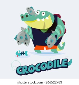 crocodile character holding fish. cartoon animals concept - vector illustration