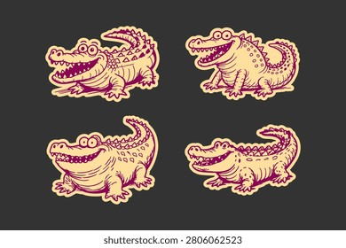Crocodile character set featuring cute cartoon alligators with funny expressions in a hand drawn doodle style isolated on a dark solid background for creative designs