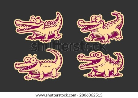 Crocodile character set featuring cute cartoon alligators in various dynamic poses isolated on a dark background for creative graphic design projects and fun sticker art