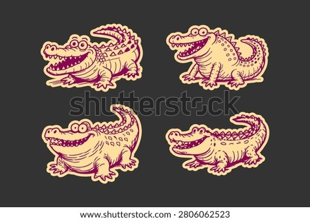 Crocodile character set featuring cute cartoon alligators with funny expressions in a hand drawn doodle style isolated on a dark solid background for creative designs