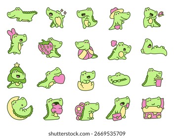 Conjunto de caracteres de crocodilo mostrando várias emoções e poses com sorridente, feliz, de pé, sentado, desfrutando de comida e bebidas, relaxante, trabalhando perfeito para seus projetos de design