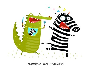 Crocodile Chasing Zebra Funny Run. Hungry Alligator wants to eat Zebra running away. Vector fun cartoon.