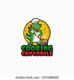 Crocodile Chef Cooking Logo Design, Cartoon Vector Icon Illustration.