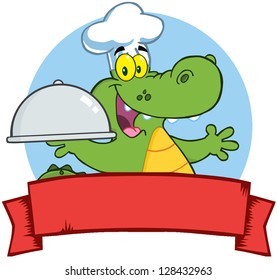 Crocodile Chef Holding A Platter Over A Blank Banner