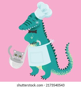 The crocodile chef in uniform holds a ladle in which the kitten hid in.