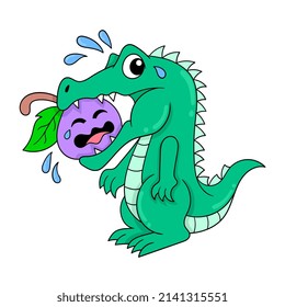 Crocodile is chewing a vegetable tomato in his mouth, vector illustration art. doodle icon image kawaii.