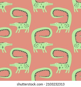 Crocodile Childish Cartoon Groovy Doodle Boho Seamless Pattern Naive Funky Handdrawn Style Art Vector