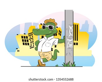 crocodile in city with glasses and hat vector illustration isolated cartoon background landscape