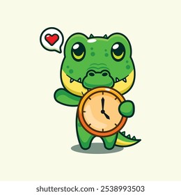 Crocodile with clock cartoon vector illustration. design element suitable for poster, brochure, web, mascot, sticker, logo and icon.