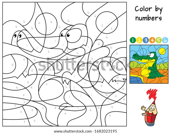 ワニ 数字で色分けします 塗り絵 子ども向けの教育パズルゲーム 漫画のベクターイラスト のベクター画像素材 ロイヤリティフリー