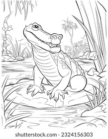 Crocodile Coloring Page for Kids, hand drawn illustration of a crocodile in the sand