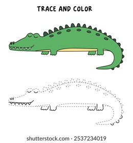 Crocodile coloring pages for kids. Trace and color crocodile. Crocodile animal flashcard game activity and education for kids. Kindergarten and preschool worksheets printable for kids. 