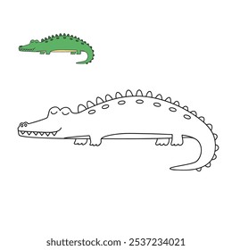 Crocodile coloring pages for kids. Trace and color crocodile. Crocodile animal flashcard game activity and education for kids. Kindergarten and preschool worksheets printable for kids. 