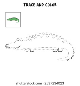 Crocodile coloring pages for kids. Trace and color crocodile. Crocodile animal flashcard game activity and education for kids. Kindergarten and preschool worksheets printable for kids. 