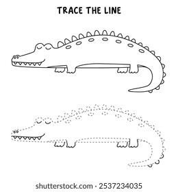 Crocodile coloring pages for kids. Trace and color crocodile. Crocodile animal flashcard game activity and education for kids. Kindergarten and preschool worksheets printable for kids. 