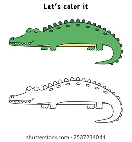 Crocodile coloring pages for kids. Trace and color crocodile. Crocodile animal flashcard game activity and education for kids. Kindergarten and preschool worksheets printable for kids. 