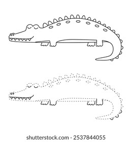 Crocodile coloring pages for kids. Trace and color crocodile. Crocodile animal flashcard game activity and education for kids. Kindergarten and preschool worksheets printable for kids. 