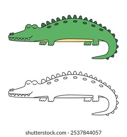 Crocodile coloring pages for kids. Trace and color crocodile. Crocodile animal flashcard game activity and education for kids. Kindergarten and preschool worksheets printable for kids. 