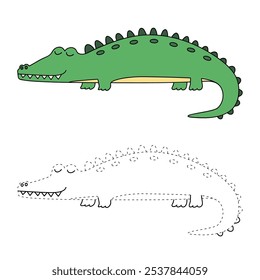 Crocodile coloring pages for kids. Trace and color crocodile. Crocodile animal flashcard game activity and education for kids. Kindergarten and preschool worksheets printable for kids. 