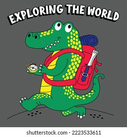 CROCODILE WITH COMPASS AND BACKPACK EXPLORING THE WORLD