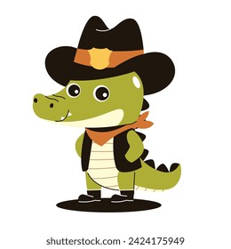 Crocodile in Cowboy Costume, Flat Concept Style