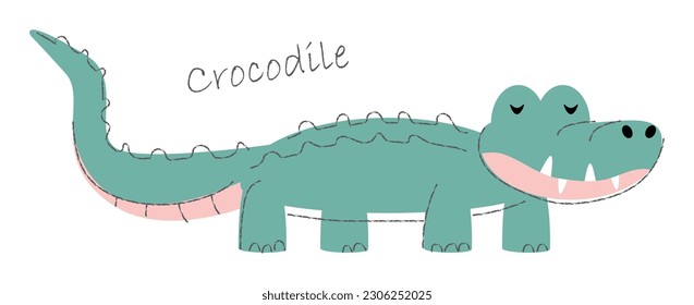 Crocodile . Cute animals cartoon characters . Flat shape and line stroke design . Vector illustration .