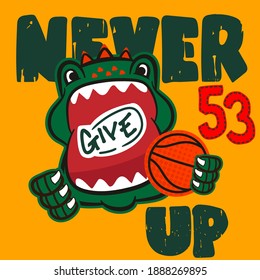  Crocodile cute cartoon doodle , vector cartoon Basketball enjoy player  Never give up. slogan Number  Hand-lettering phrase For t-shirt prints and other uses Yellow background .