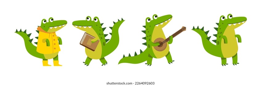 Crocodile Cute Green Character In Different Pose and Activity Vector Set