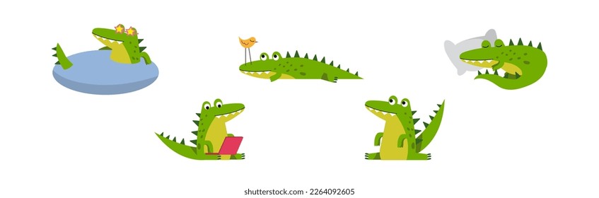 Crocodile Cute Green Character In Different Pose and Activity Vector Set