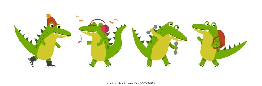 Crocodile Cute Green Character In Different Pose and Activity Vector Set