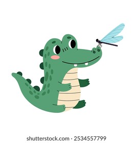 Crocodilo Crocodilo verde bonito com uma libélula no nariz. Engraçado bebê animal. Ilustração plana sobre fundo branco.