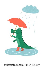 Crocodile. Cute hand drawn crocodile with red umbrella walking in the rain. Children's vector illustration. 