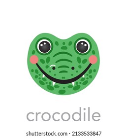 Crocodile Cute portrait with name text smile head cartoon round shape animal face, isolated vector icon illustrations. Flat avatar simple hand drawn for kids poster, cards, t-shirts, baby clothes