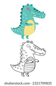 Crocodile cute vector illustration cartoon isolated on white background. Crocodile vector colored and colorless. Cute coloring page for kids. 