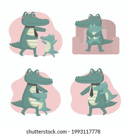 Crocodile dad is happy with his baby on father's day They hugged and played happily. His child felt safe. Vector flat illustration.